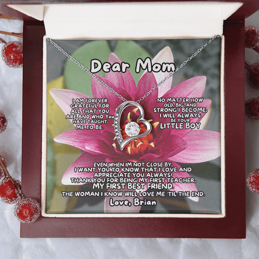 To My Mom heart necklace gift for mom, meaningful milestone birthday or mothers day gift for mom, surrounded by floral design.