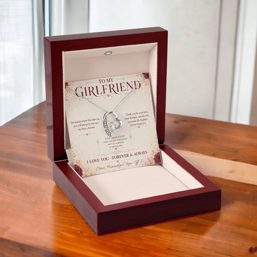 To My Girlfriend Forever Love Necklace displayed in a gift box with heartfelt message card, perfect girlfriend necklace gift.
