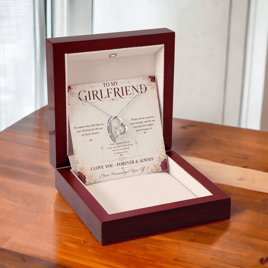 To My Girlfriend Forever Love Necklace displayed in a gift box with heartfelt message card, perfect girlfriend necklace gift.