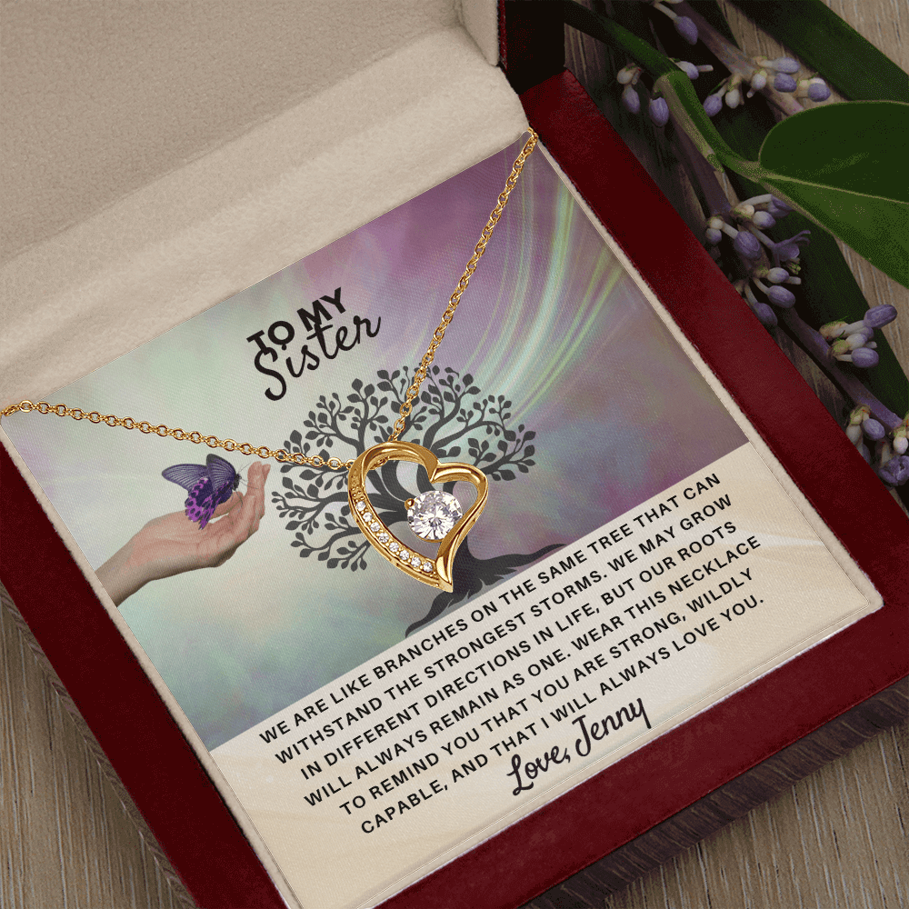 To My Sister "Branches of One Tree" Forever Love Heart Necklace for a meaningful adult sister birthday or holiday gift.