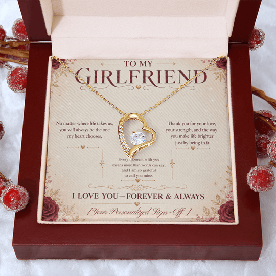 To My Girlfriend necklace gift in a jewelry box with a heartfelt message card, symbolizing everlasting love.