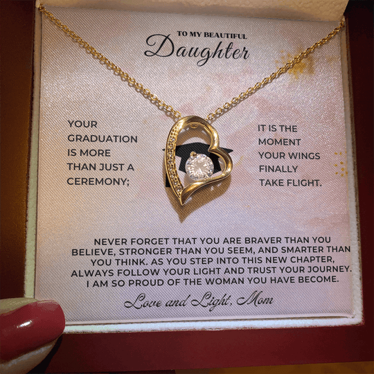 Sentimental Keepsake Jewelry for Daughter - Gold heart necklace in a presentation box with a graduation message.