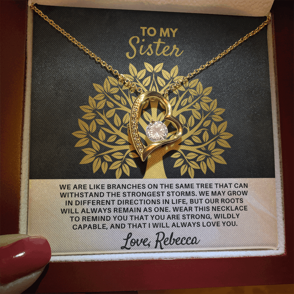 To My Sister "Branches of One Tree" Forever Love Heart Necklace in gold, 14k white gold finish forever love pendant sister.