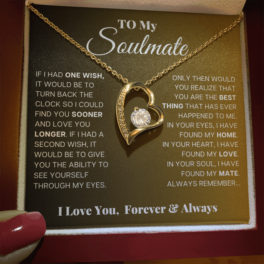 Artisan Soulmate Forever Love Necklace with Romantic Message in elegant gift box with heartfelt message.