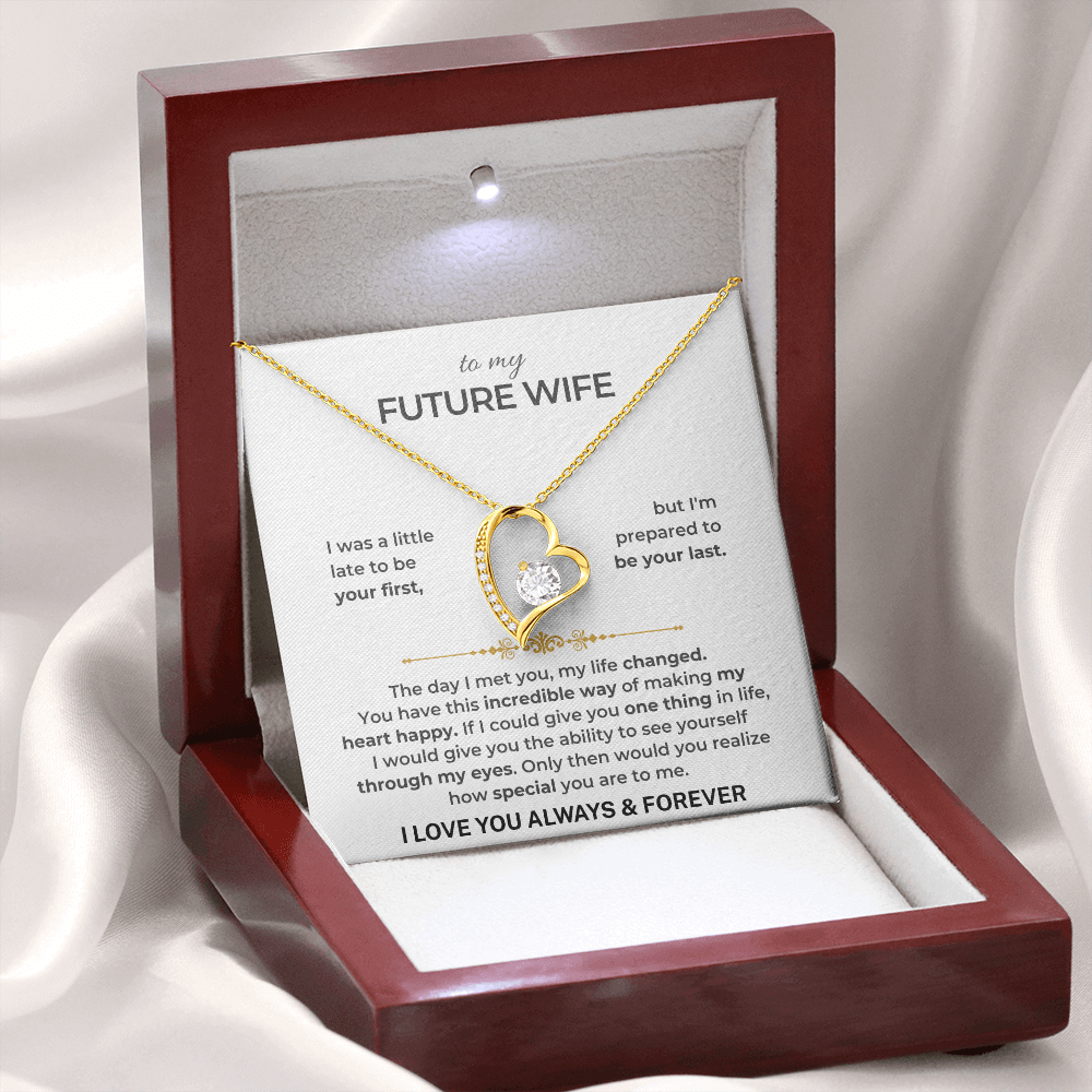 Gift For Future Wife set featuring a heart-shaped necklace with a heartfelt message inside the box.