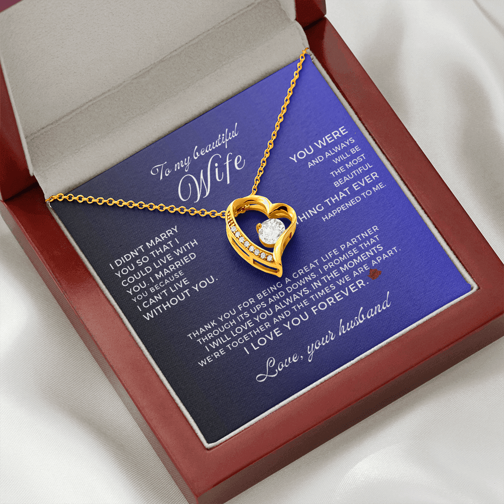 necklace for my wife in a gift box with heartfelt message and gold heart pendant.