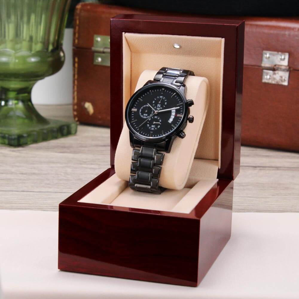 custom message engraving black watch for brother displayed in an elegant wooden case, showcasing its premium design.