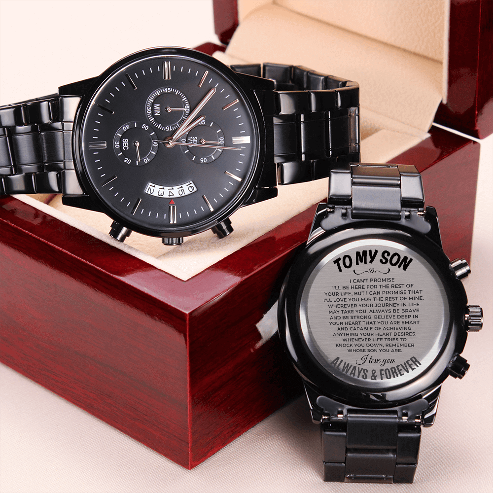 Custom milestone birthday gift for son timepiece in a wooden box, engraved with heartfelt message.