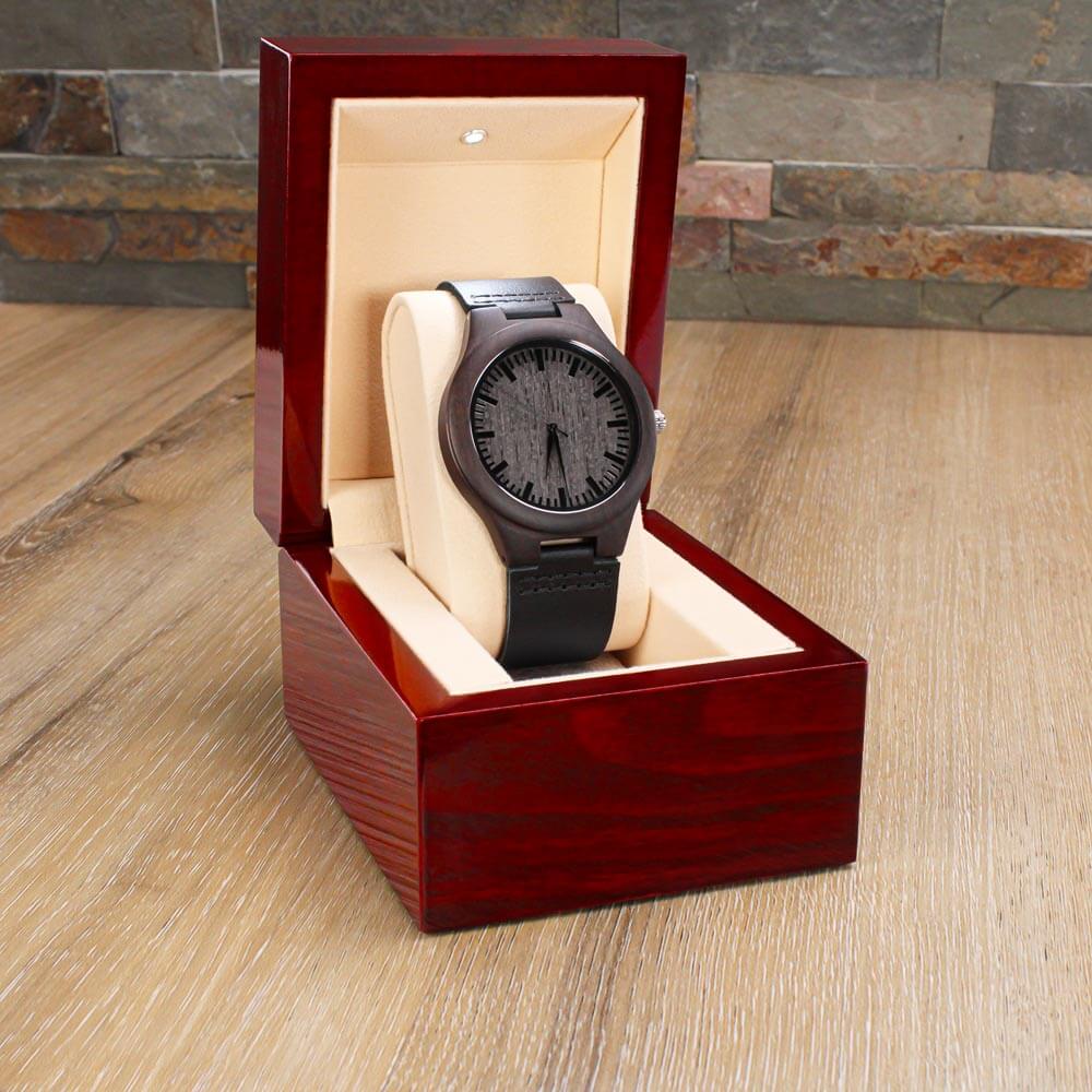 Engraved sandalwood watch in a wood display box, perfect for a meaningful fathers day or unexpected birthday gift for dad.