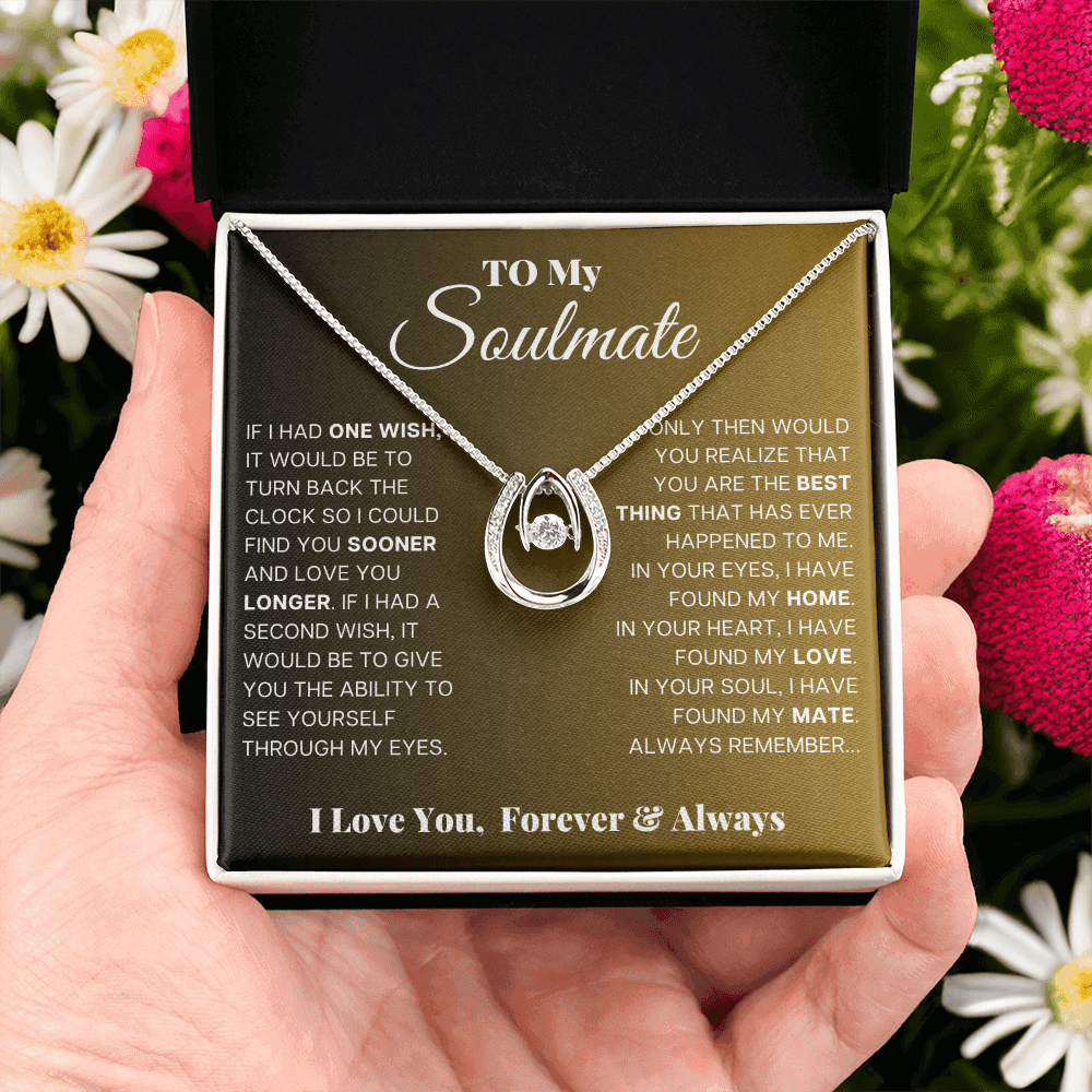 Artisan Soulmate Necklace with Romantic Message Card in elegant gift box with heartfelt message.