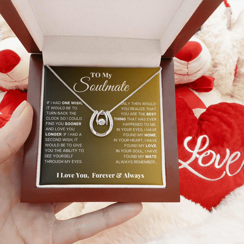 Artisan Soulmate Necklace with Romantic Message Card displayed inside a gift box with heartfelt message.