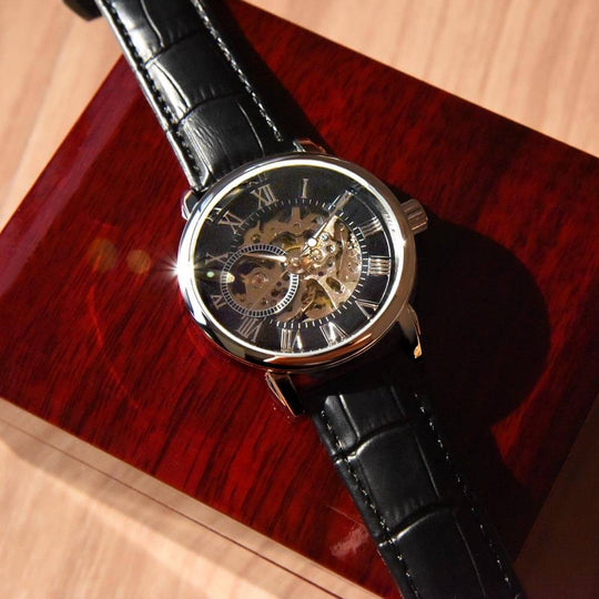To My Boyfriend – Always & Forever Automatic Skeleton Watch on a wooden box, a perfect boyfriend watch gift.