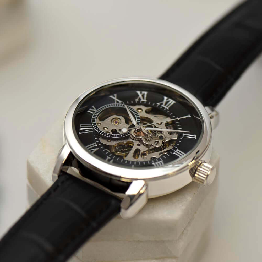 To My Boyfriend – Always & Forever automatic skeleton watch featuring openwork dial and genuine leather band, perfect boyfriend watch gift.