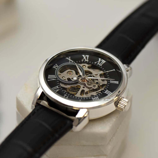 To My Boyfriend – Always & Forever automatic skeleton watch featuring openwork dial and genuine leather band, perfect boyfriend watch gift.