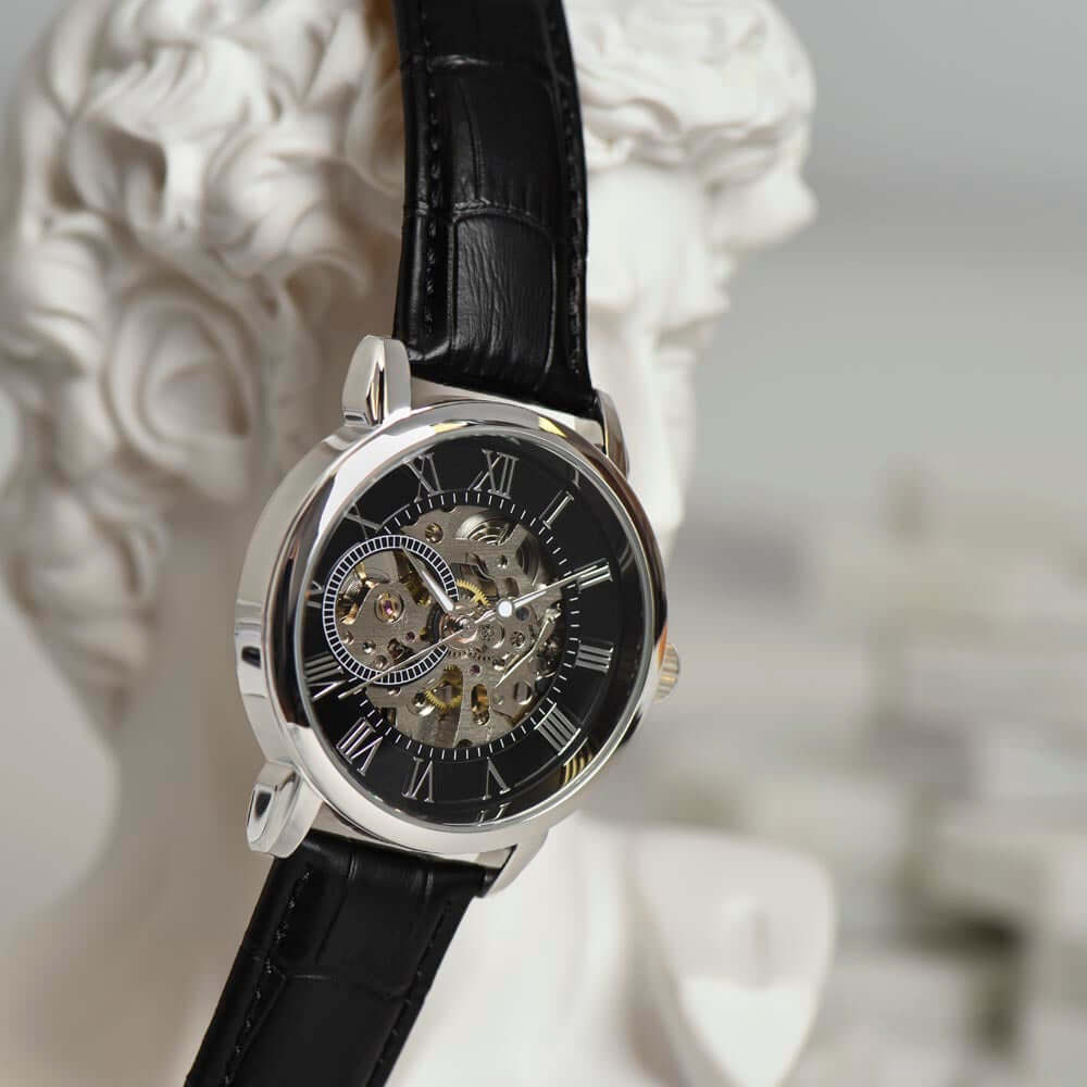 To My Boyfriend – Always & Forever Automatic Skeleton Watch with black leather band, showcasing intricate openwork dial, boyfriend watch gift.