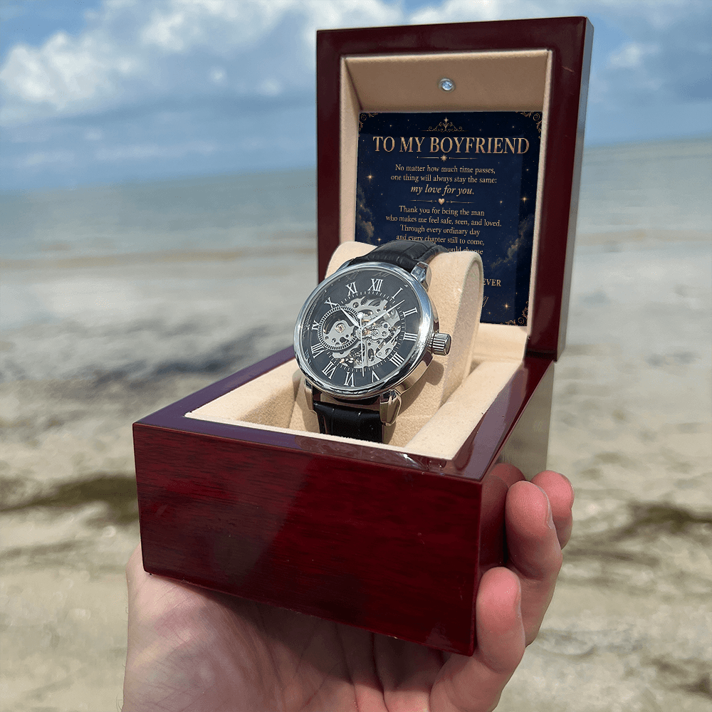 To My Boyfriend automatic skeleton watch gift displayed in elegant box by the beach, perfect boyfriend watch gift.