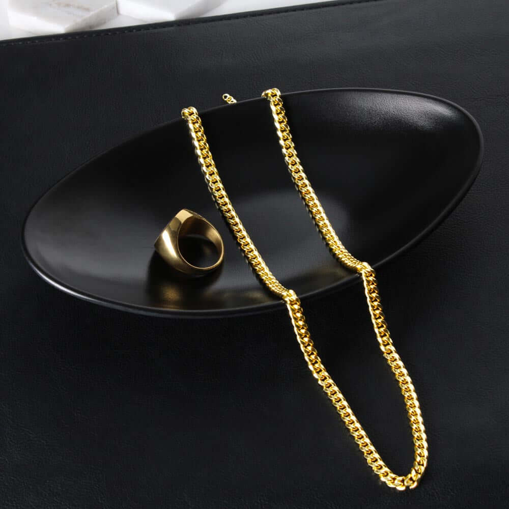 Meaningful Wedding Day Gift For Son In Law - Gold Cuban Link Chain and Ring on a Black Dish