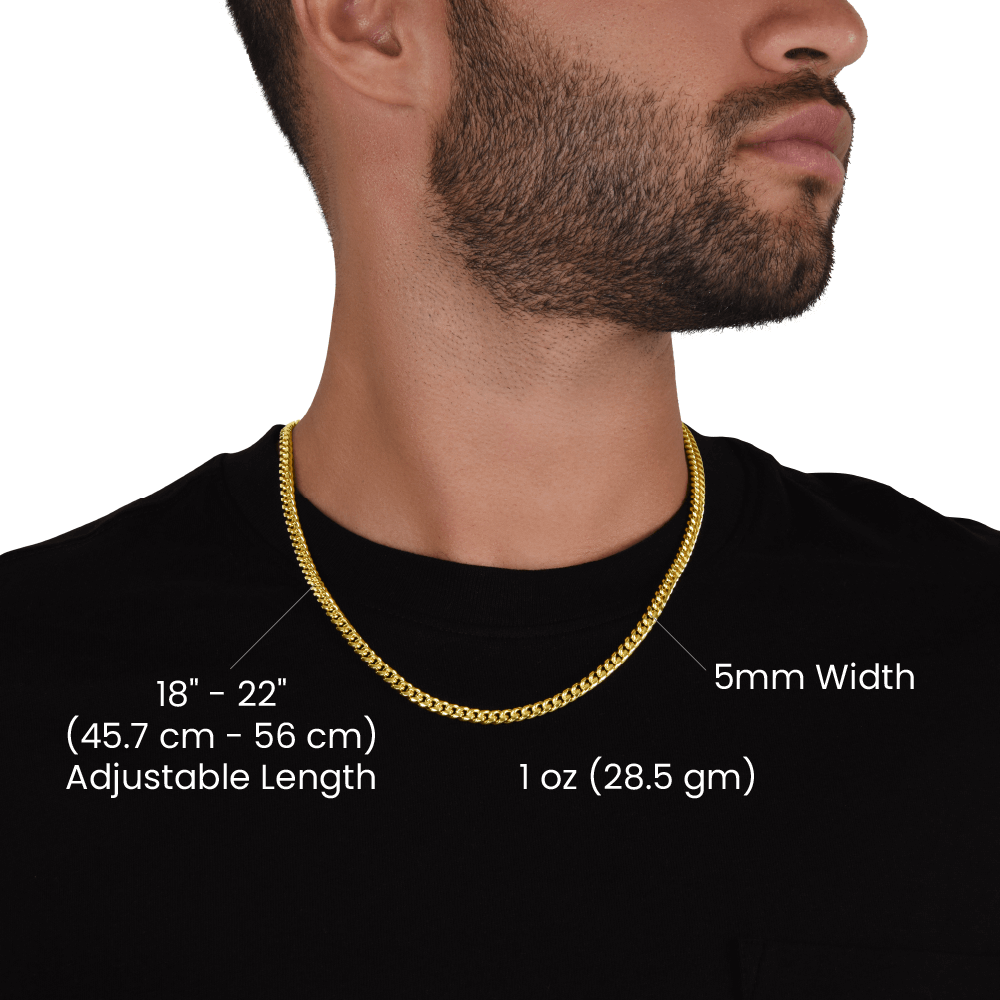Cuban link chain for boyfriend worn by a man, showcasing adjustable length and 5mm width details.