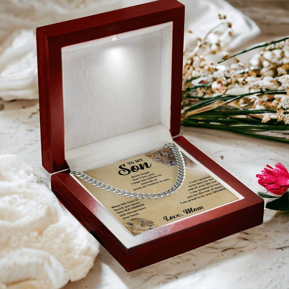 To My Son gift set featuring a Cuban Link Chain, a meaningful mother to son jewelry gift, presented in a stylish box.