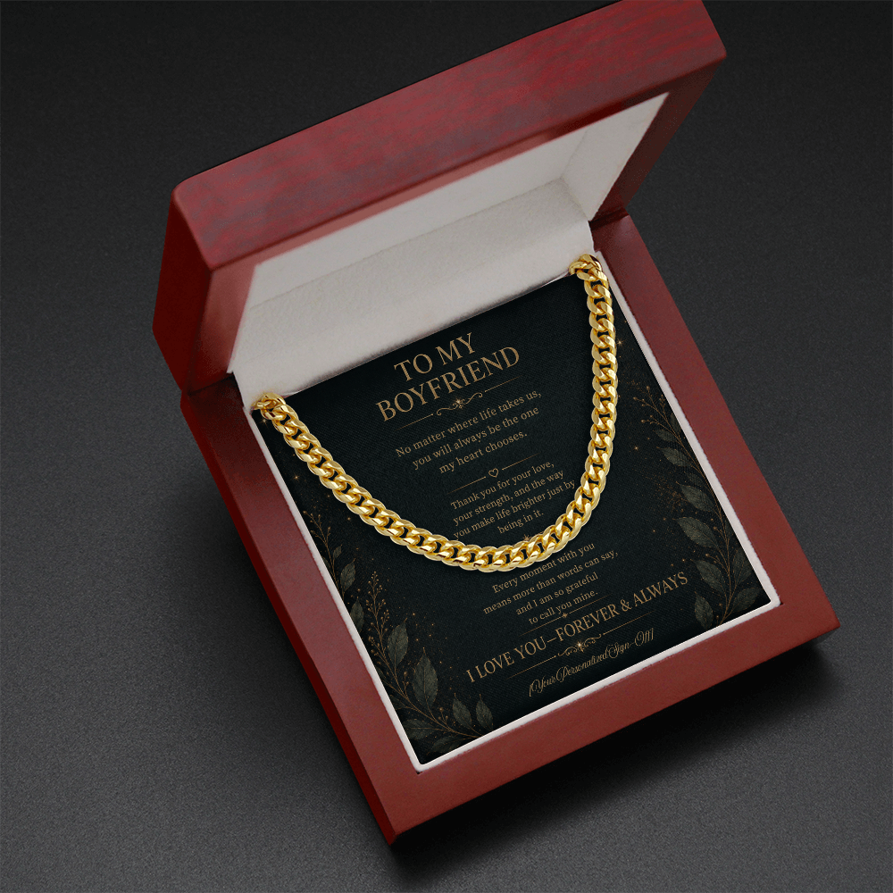 Cuban link chain for boyfriend displayed in a gift box with heartfelt message card.