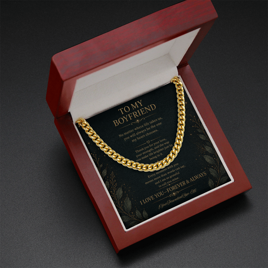 Cuban link chain for boyfriend displayed in a gift box with heartfelt message card.