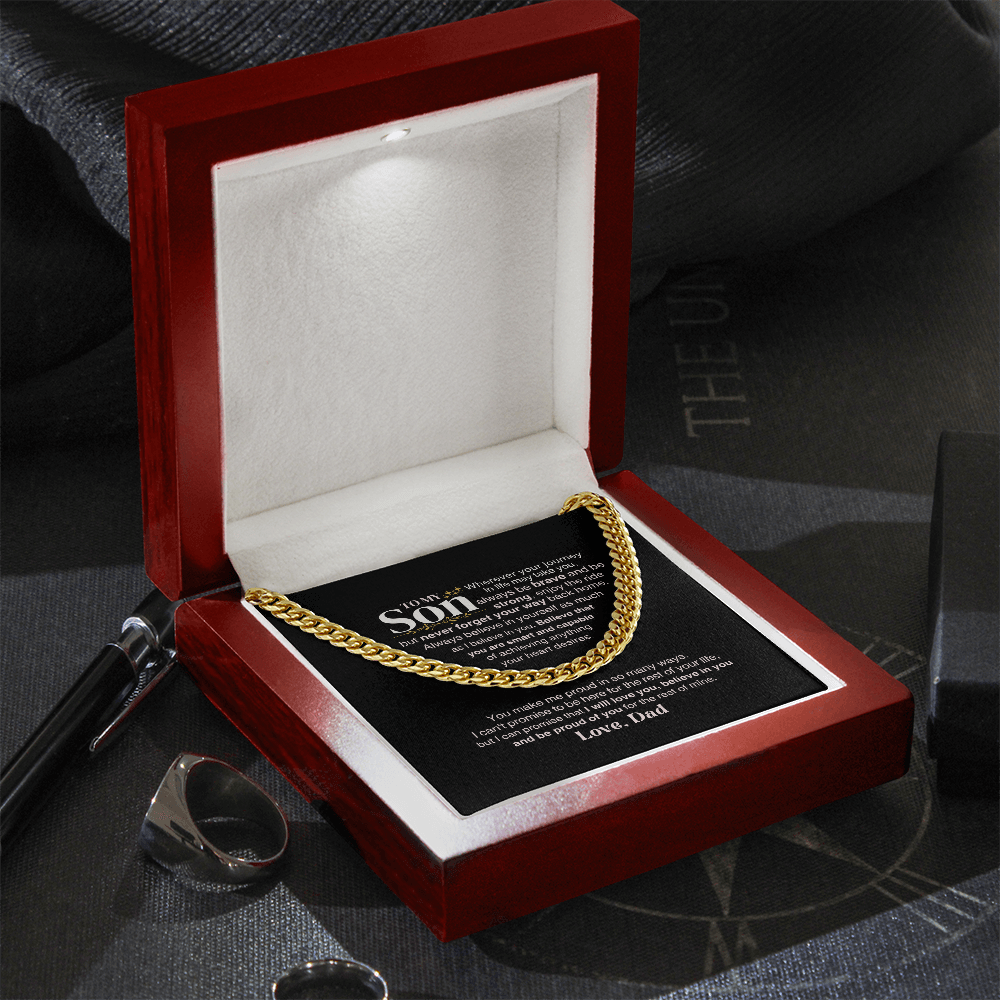 Luxury soulmate connection jewelry parent to son in a red gift box with heartfelt message for son.