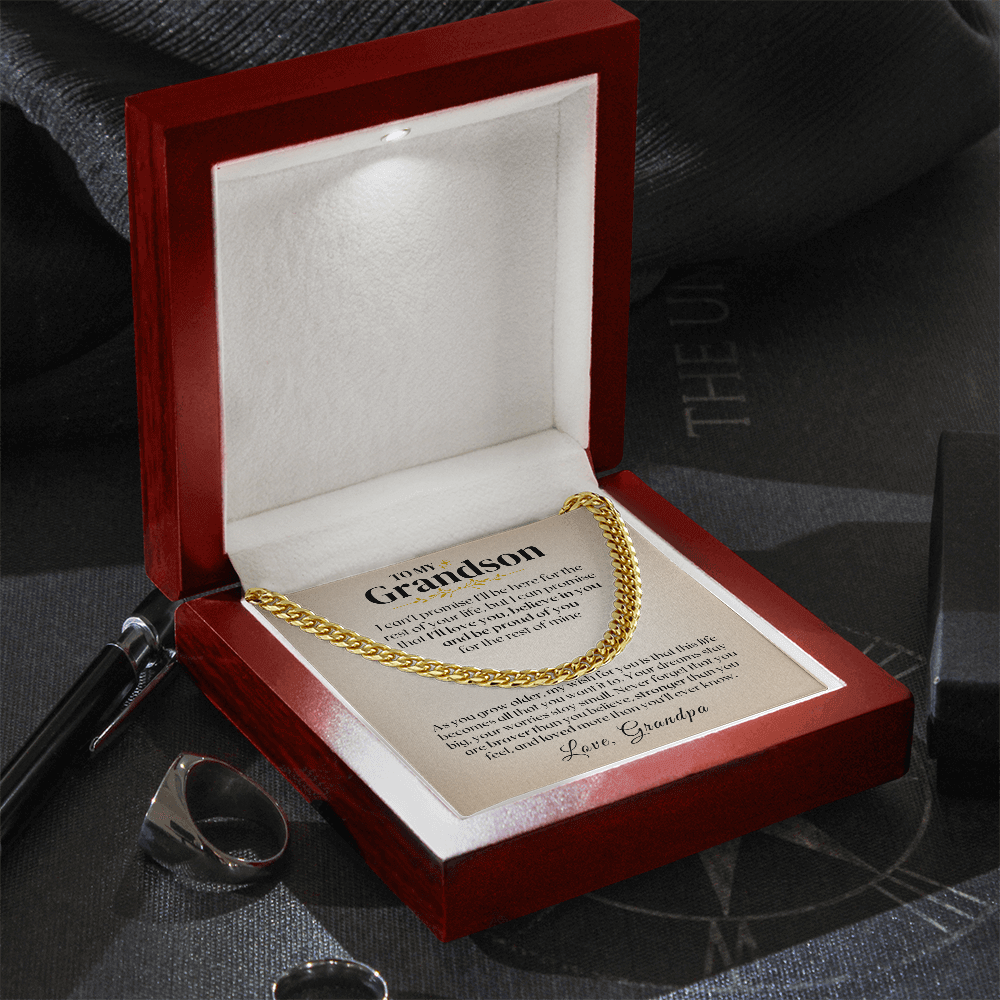 To My Grandson necklace in a red gift box, a meaningful grandson gift for milestone birthdays or graduation.