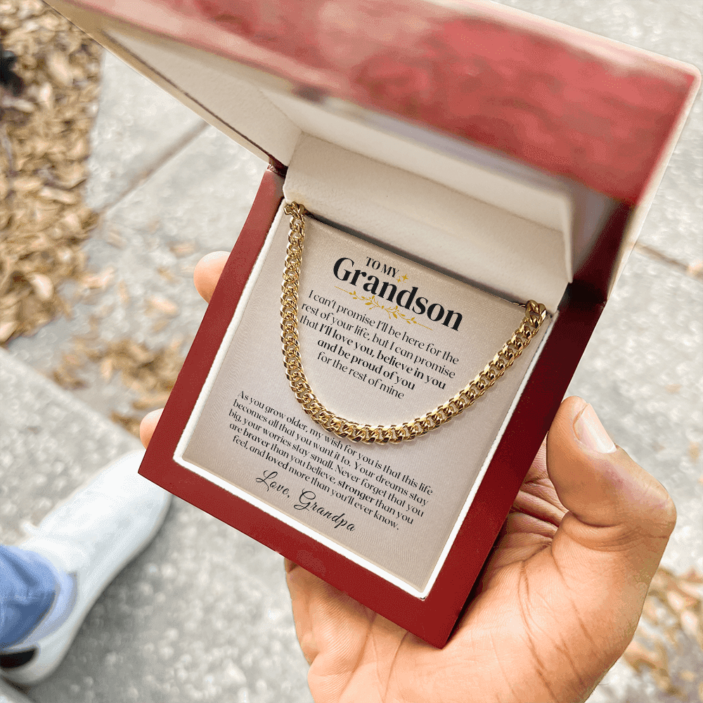 To My Grandson premium curb-link necklace in gift box, ideal meaningful grandson gift for milestone birthdays or graduation.