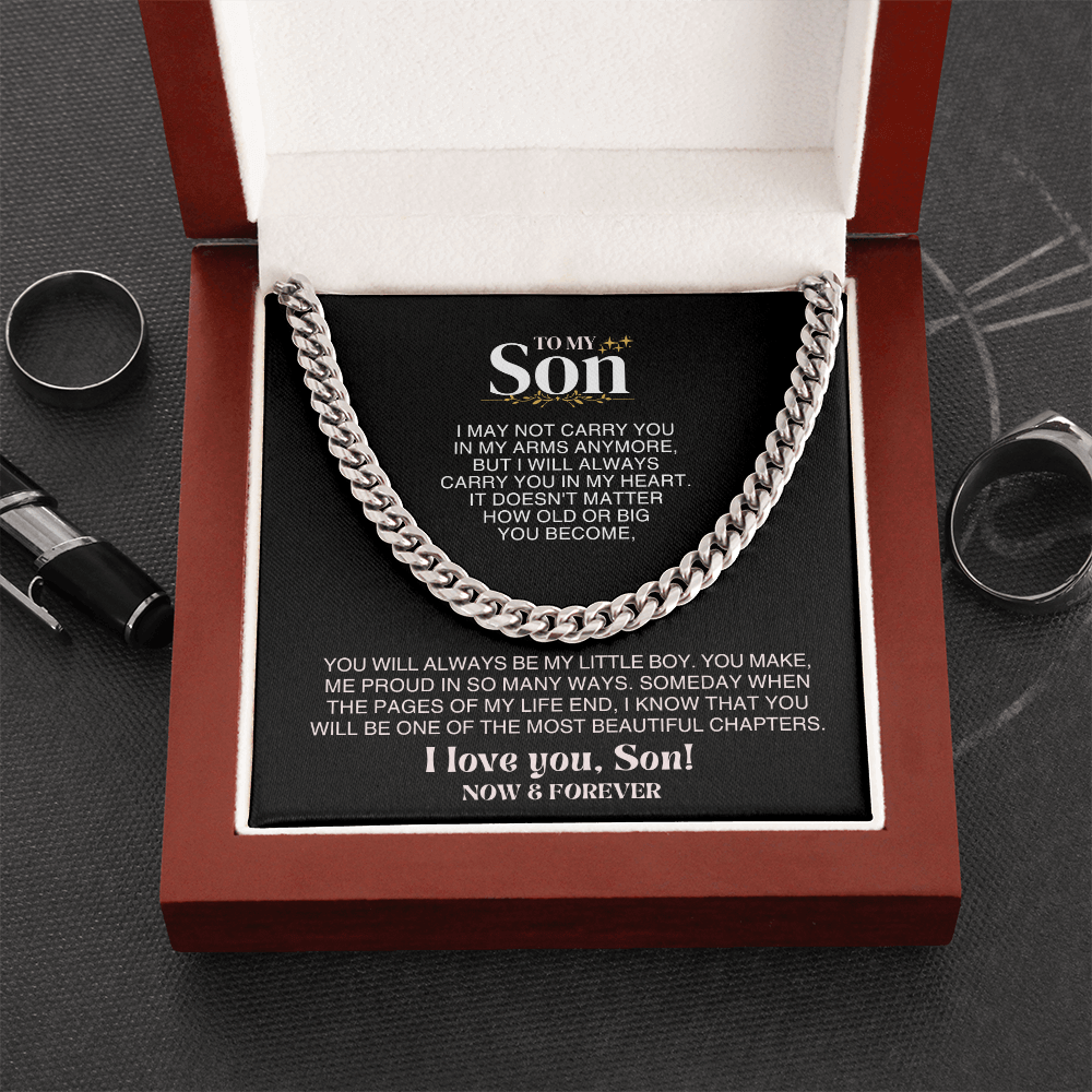 To My Son cuban link keepsake milestone gift for son, presented in a beautiful jewelry box with heartfelt message.