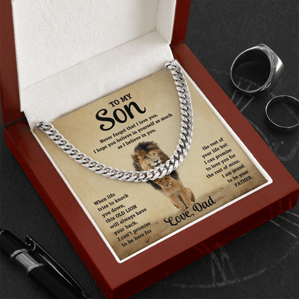 Cuban Link Chain jewelry set with heartfelt message for son, meaningful father to son jewelry gift.