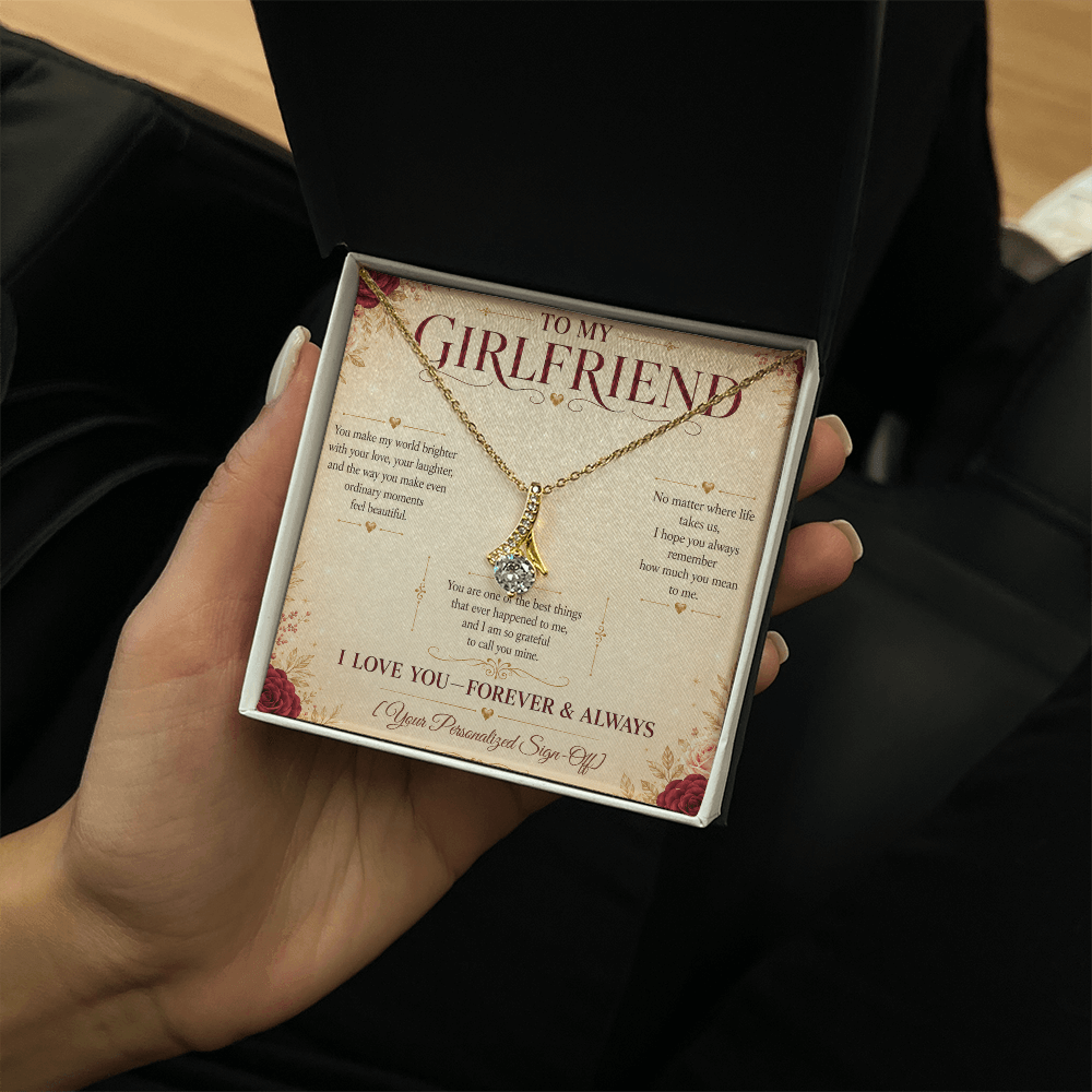 Alluring Beauty Necklace for girlfriend presented in a gift box with heartfelt message card.