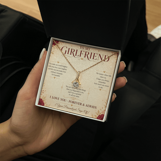 Alluring Beauty Necklace for girlfriend presented in a gift box with heartfelt message card.
