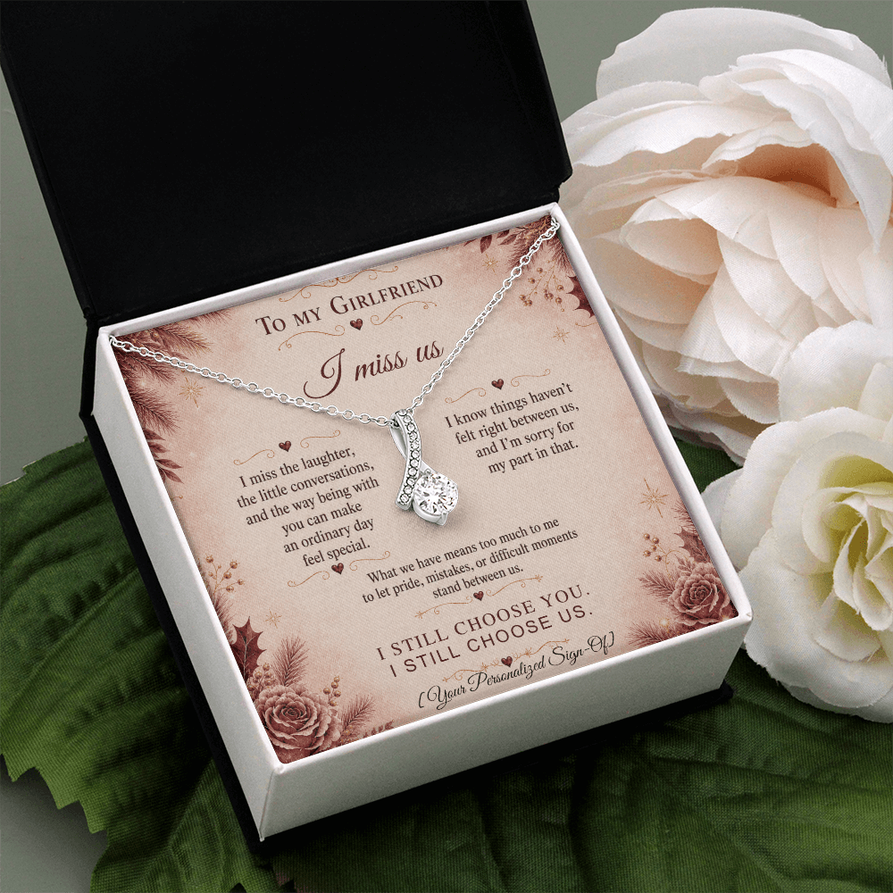 Alluring Beauty Necklace in a gift box with heartfelt message, perfect apology gift for girlfriend.