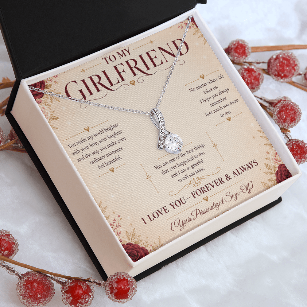 Alluring Beauty Necklace for girlfriend presented in a gift box with a heartfelt message card.