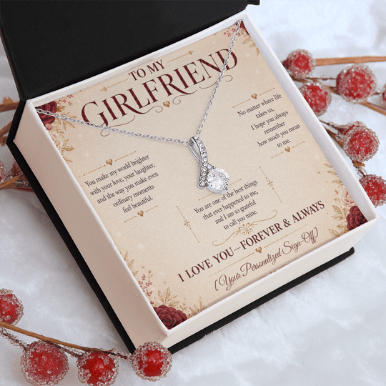 Alluring Beauty Necklace for girlfriend presented in a gift box with a heartfelt message card.