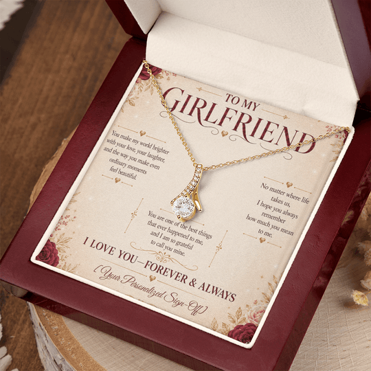 Alluring Beauty Necklace for girlfriend with heartfelt message card in elegant gift box.