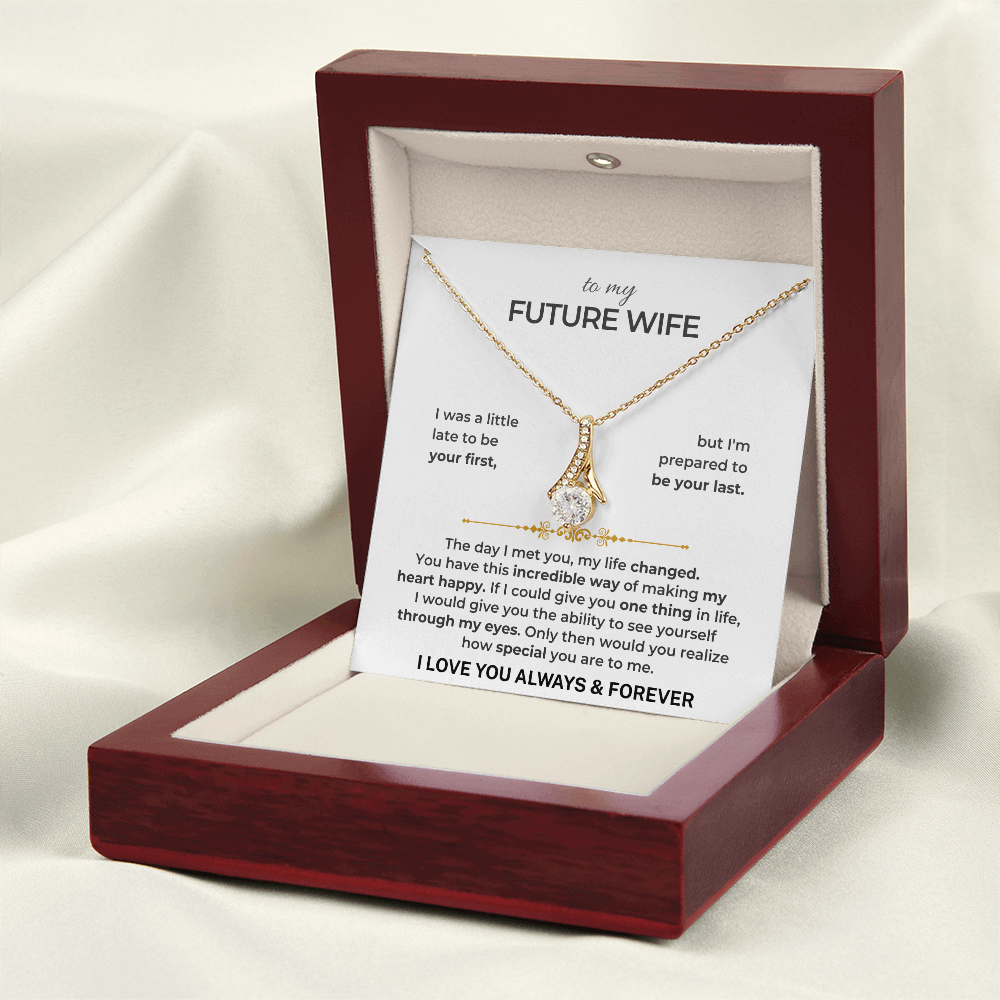 Gift For Future Wife necklace gift set in a wooden box with heartfelt message and gold chain.