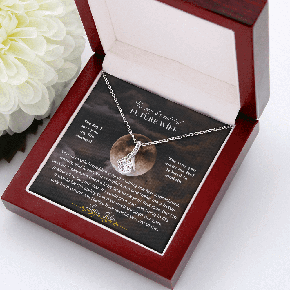To My Beautiful Future Wife necklace displayed in a gift box, perfect for a meaningful proposal or unexpected surprise gift for future wife.