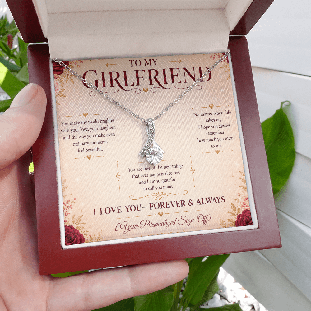 Alluring Beauty Necklace for girlfriend presented with heartfelt message card in a decorative box.
