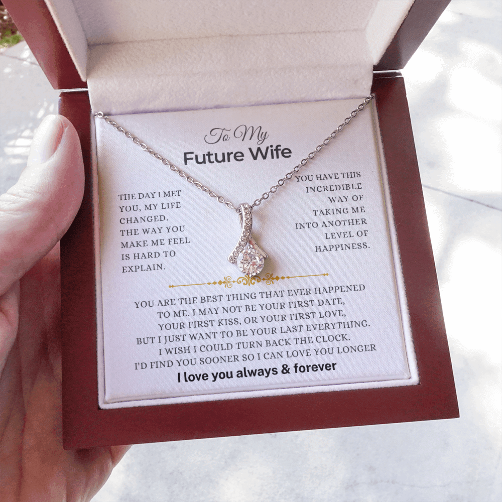 To My Future Wife ribbon pendant keepsake, a meaningful proposal or surprise engagement gift for fiancée, in elegant box.