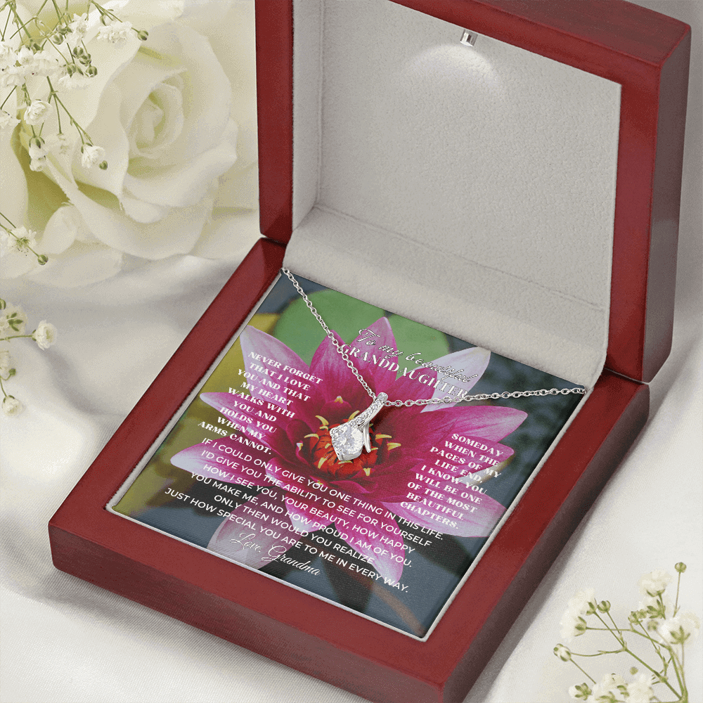 Gift For Granddaughter - Personalized gift set with necklace and special card in elegant box with floral background.