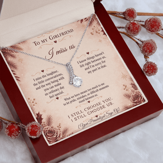 To My Girlfriend I Miss Us Alluring Beauty Necklace in a gift box with a heartfelt message, perfect apology gift for girlfriend.