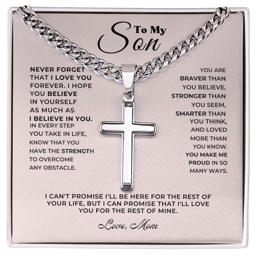 To My Son - Love Mom - Artisan Cross on Cuban Link Chain - Gift Set - SS542D Jewelry ShineOn Fulfillment Standard Box