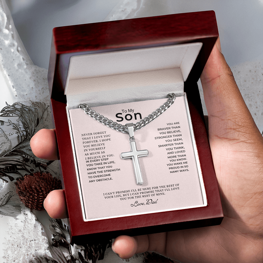 To My Son - Love Dad - Artisan Cross on Cuban Link Chain - Gift Set - SS542D Jewelry ShineOn Fulfillment