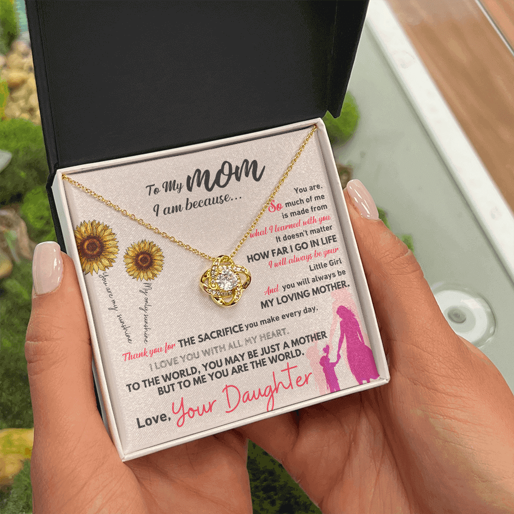 Gift For Mom necklace set with heartfelt message from daughter in decorative box.