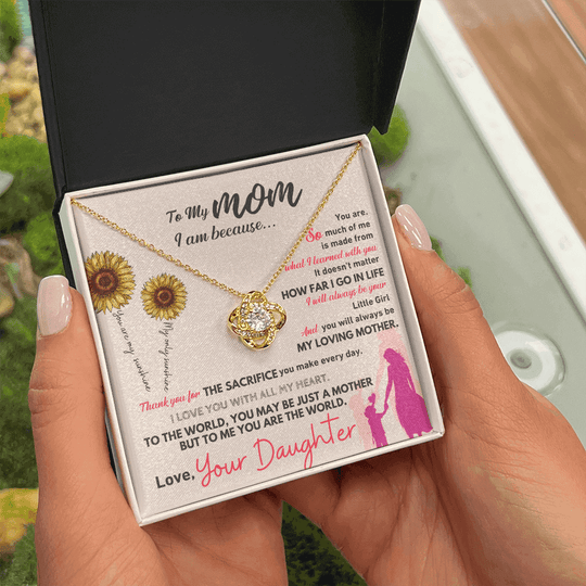 Gift For Mom necklace set with heartfelt message from daughter in decorative box.