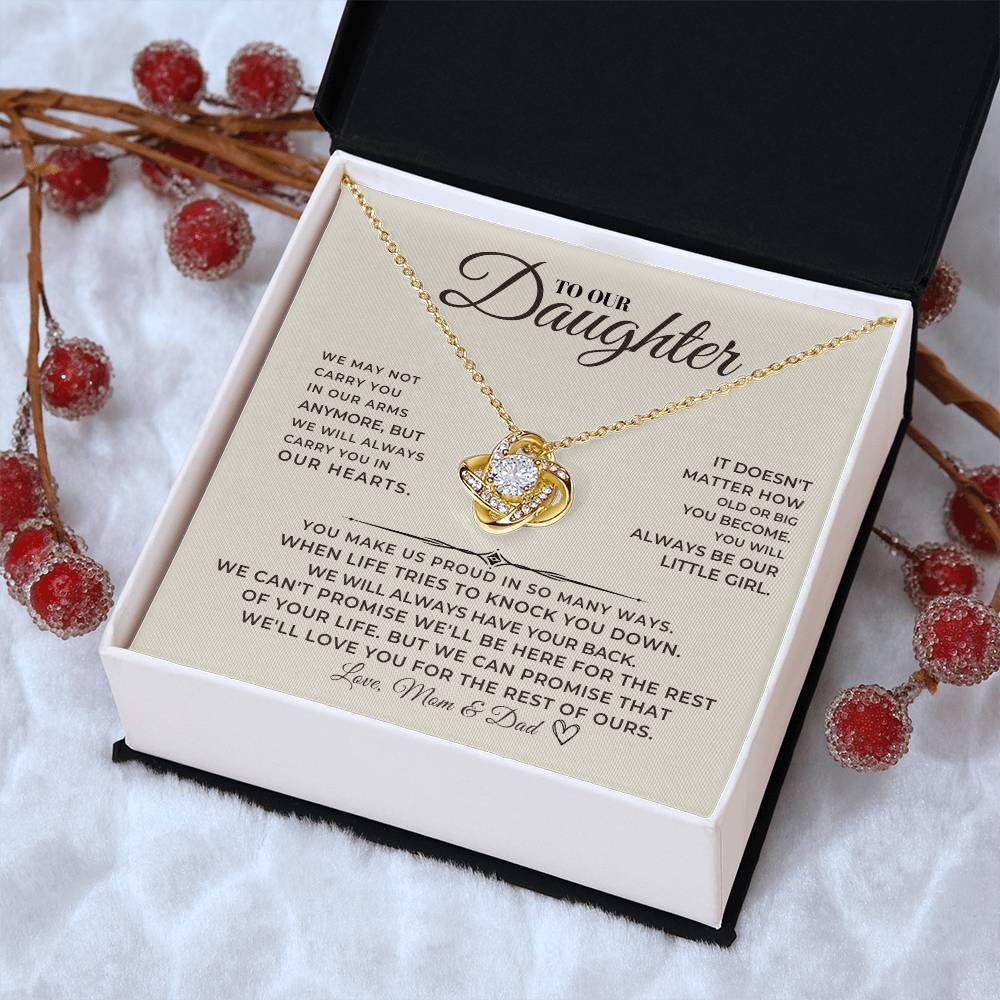 To Our Daughter Love Knot CZ Necklace in gift box with heartfelt message, a meaningful milestone graduation or birthday gift for daughter from parents.