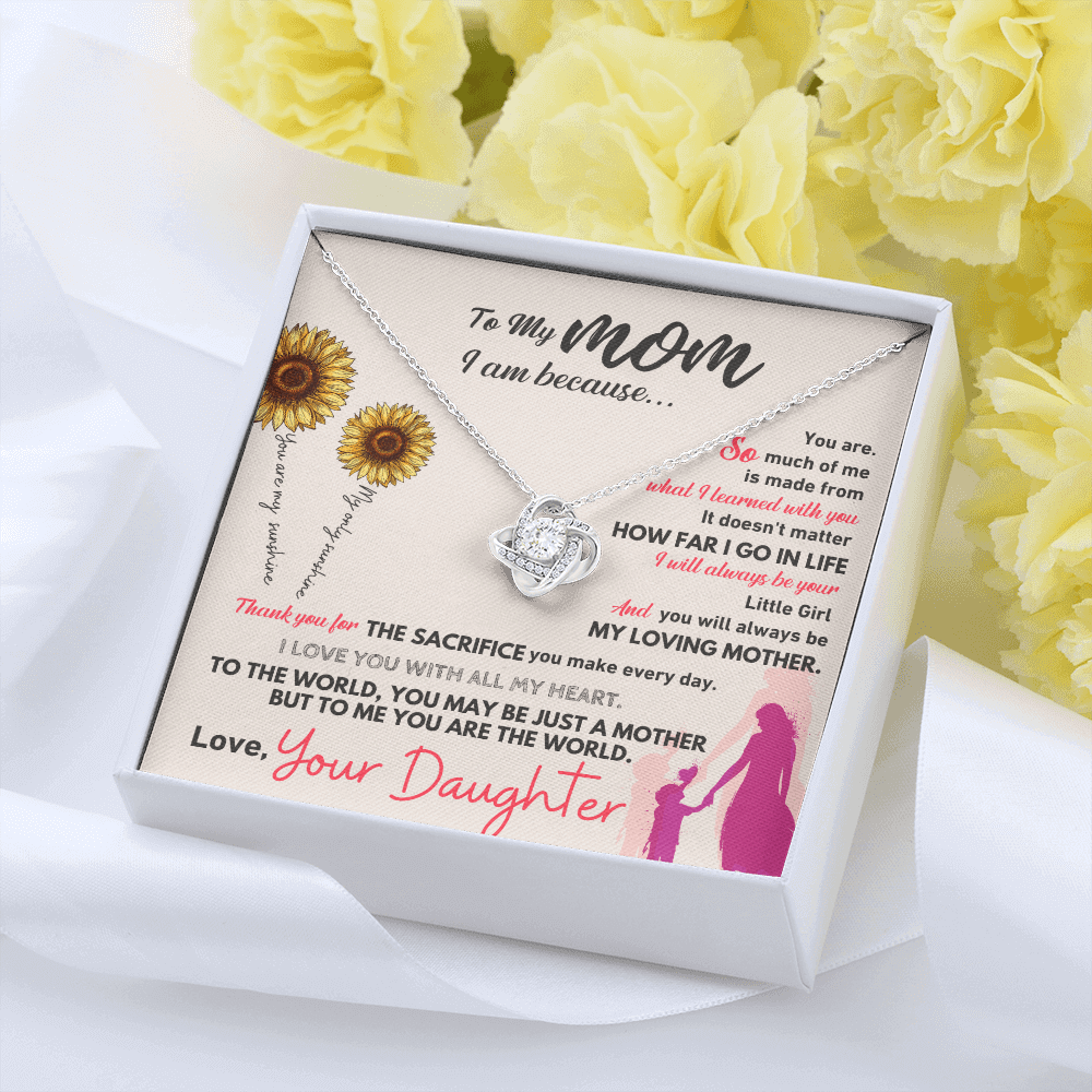 Love Knot Necklace for Mom in elegant gift box with heartfelt message, sentimental mothers day gift from daughter 2027.