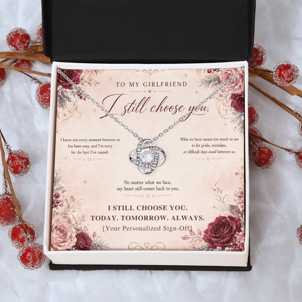 To My Girlfriend Love Knot Necklace with heartfelt message card, perfect for a girlfriend apology necklace.