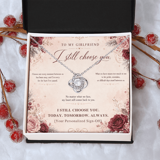 To My Girlfriend Love Knot Necklace with heartfelt message card, perfect for a girlfriend apology necklace.
